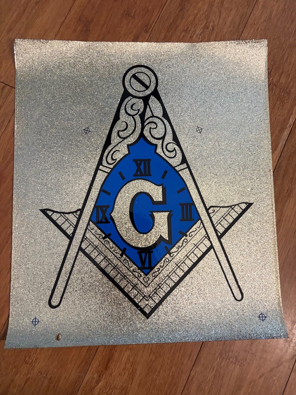 Masonic Mason compass clock glitter background- vinyl- 12 1/2” x 11”-NOS
